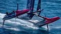 Switzerland SailGP Team helmed by Nathan Outteridge on one hull as they perform a manoeuvre on Race Day 2 of the Apex Group Bermuda Sail Grand Prix