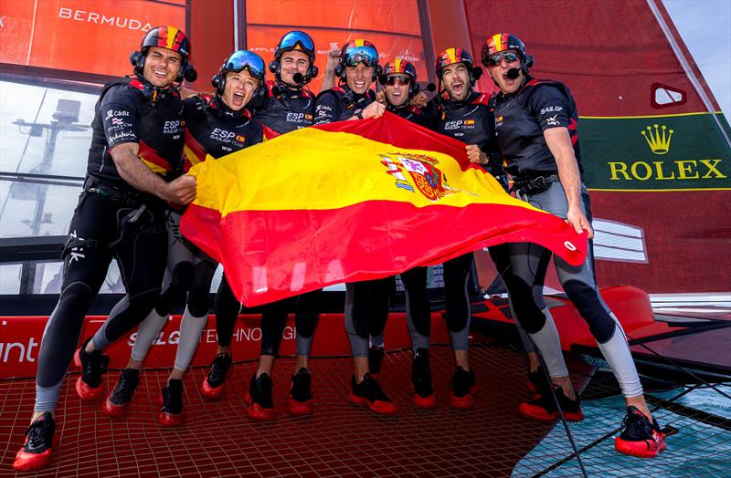 Spain SailGP Team helmed by Diego Botin celebrate on board their F50 catamaran after winning the Apex Group Bermuda Sail Grand Prix photo copyright Felix Diemer for SailGP taken at  and featuring the F50 class