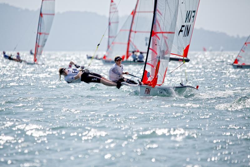 FIN 29er girls on day 2 of the Youth Worlds in Langkawi photo copyright Christophe Launay taken at  and featuring the 29er class