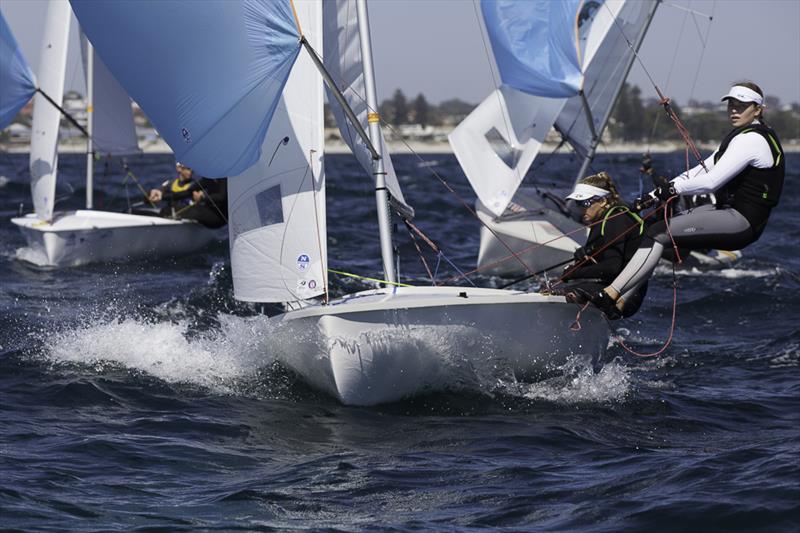 Lucy Alderson and Sophie Townes would be happy with their consistent performances and are situated mid fleet on day 1 of the 420 Australian Nationals at Fremantle photo copyright Bernie Kaaks taken at Fremantle Sailing Club and featuring the 420 class