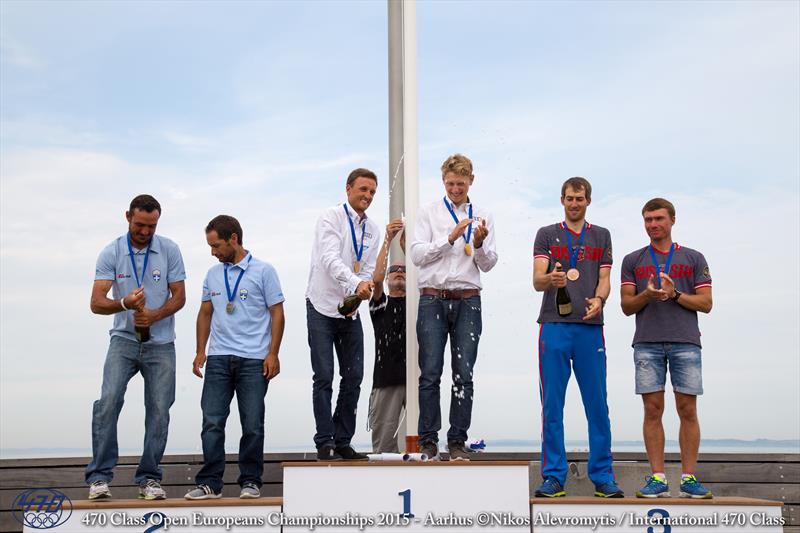 470 Mens European Gold, Silver and Bronze medallists celebrate photo copyright Nikos Alevromytis / International 470 Class taken at Sailing Aarhus and featuring the 470 class