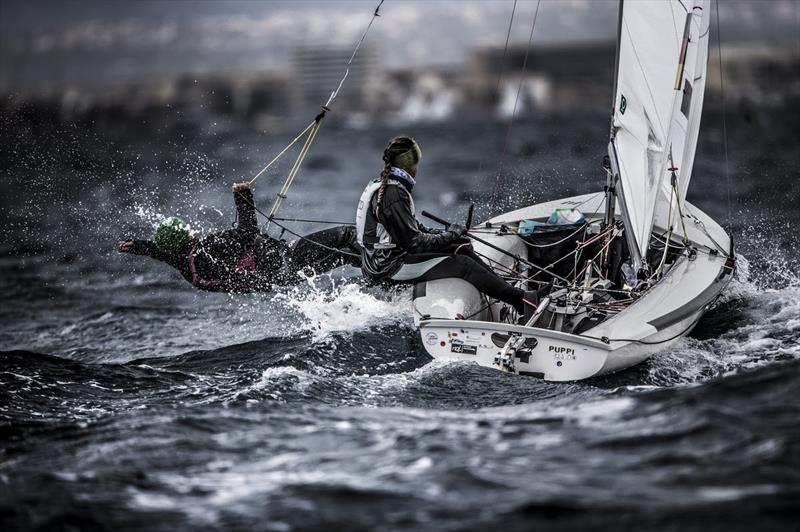Strong winds at the 470 European Championships in Palma photo copyright Jesus Renedo / Sailing Energy / CBA taken at Club Nàutic S'Arenal and featuring the 470 class