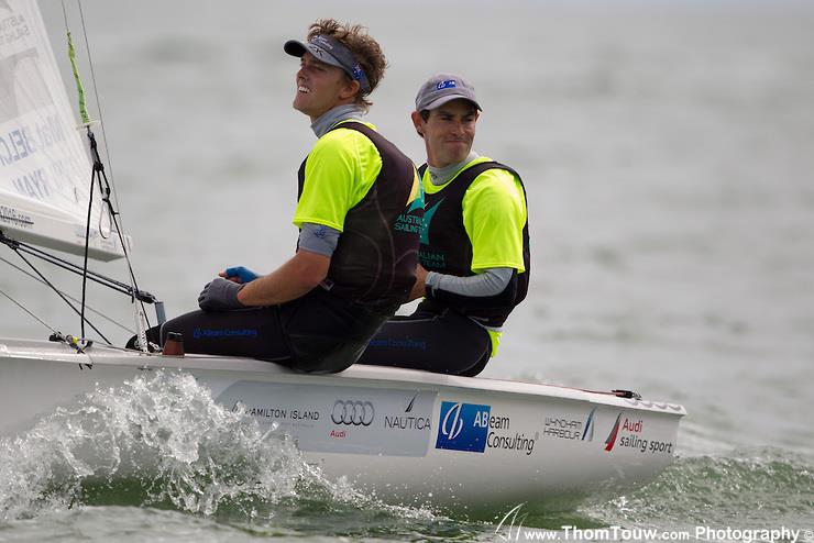 Mathew Belcher and Will Ryan between races on day 3 of the 470 World Championships - photo © Thom Touw / www.thomtouw.com