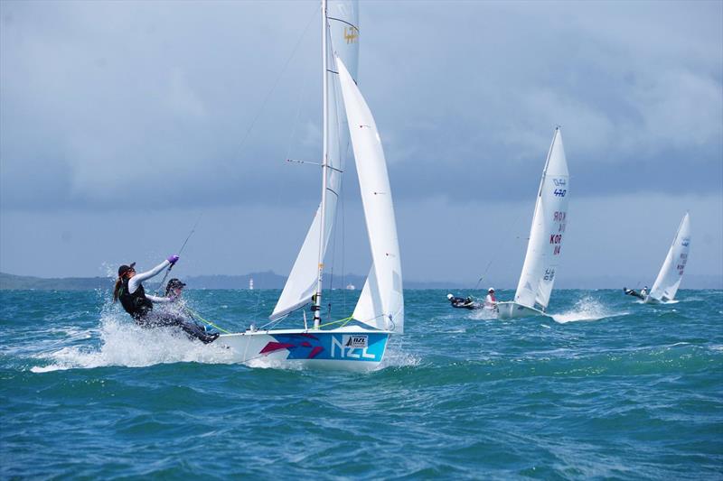 Oceanbridge NZL Sailing Regatta, Day 2, February 5, 2018 photo copyright Yachting New Zealand taken at Murrays Bay Sailing Club and featuring the 470 class