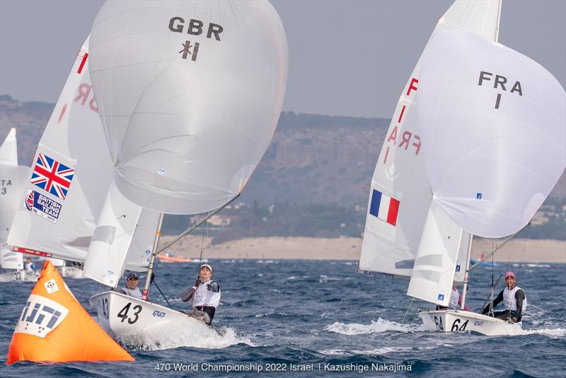 GBR1 keeping FRA1 at bay, way ahead of the pack on 470 Worlds at Sdot Yam, Israel day 3 photo copyright Kazushige Nakajima / Int. 470 Class taken at Sdot Yam Sailing Club and featuring the 470 class