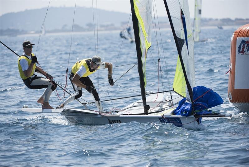 Peter Burling and Blair Tuke on day 3 at ISAF Sailing World Cup Hyères photo copyright Franck Socha / FFVoil taken at COYCH Hyeres and featuring the 49er class