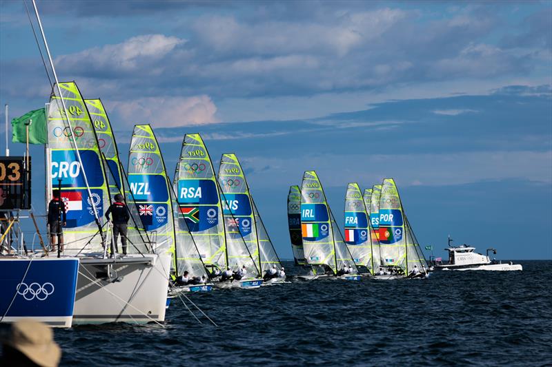 Men's 49er start on Tokyo 2020 Olympic Sailing Competition Day 3 photo copyright Sailing Energy / World Sailing taken at  and featuring the 49er class