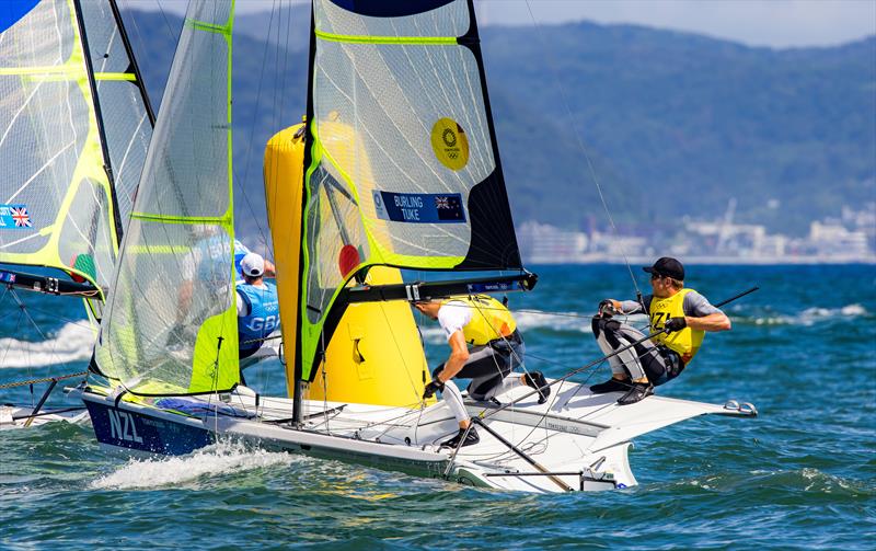 Peter Burling and Blair Tuke (NZL) - Silver medalists - 49er - chase the Gold medalists Fletcher and Bithell (GBR) - Tokyo2020 photo copyright Sailing Energy taken at  and featuring the 49er class