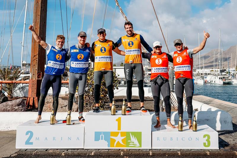49er FX podium at the 49er and 49erFX World Championships 2024 photo copyright Sailing Energy / Lanzarote Sailing Center taken at Lanzarote Sailing Center and featuring the 49er class
