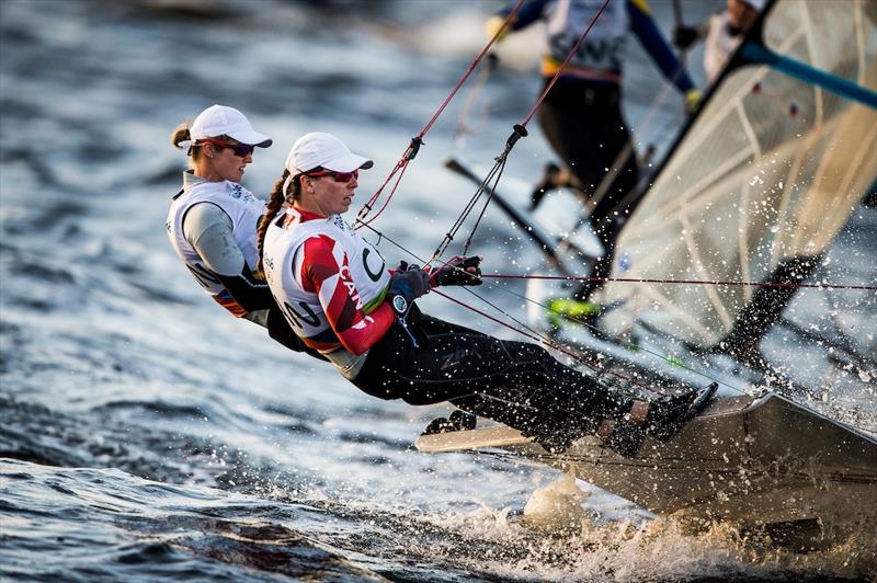 Canada's Erin Rafuse & Dannie Boyd lead the 49er FX class on day 5 of the Rio 2016 Olympic Sailing Competition photo copyright Sailing Energy / World Sailing taken at  and featuring the 49er FX class