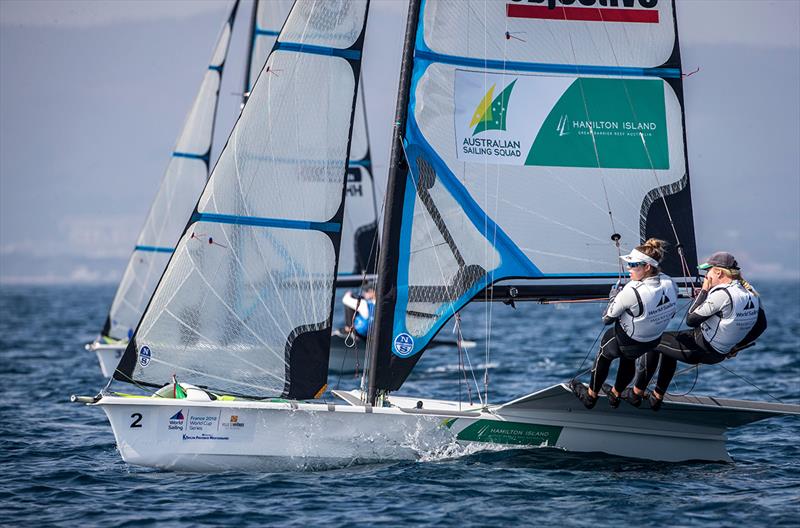 Natasha Bryant and Annie Wilmot - 2018 World Cup Series Hyères Day 2 photo copyright Richard Langdon / Sailing Energy taken at  and featuring the 49er FX class