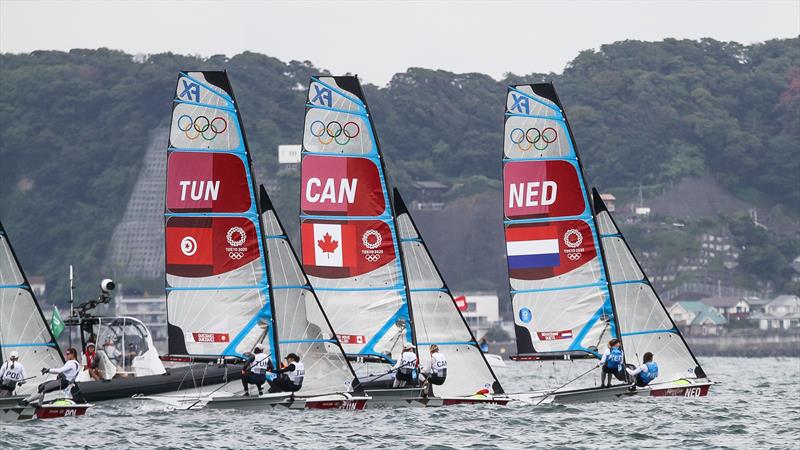 Eya and Sarra Guezguez (TUN) clear the start line - competing in the 49erFX at Tokyo2020 - Enoshima - August 2021 photo copyright Richard Gladwell - Sail-World.com/nz taken at  and featuring the 49er FX class