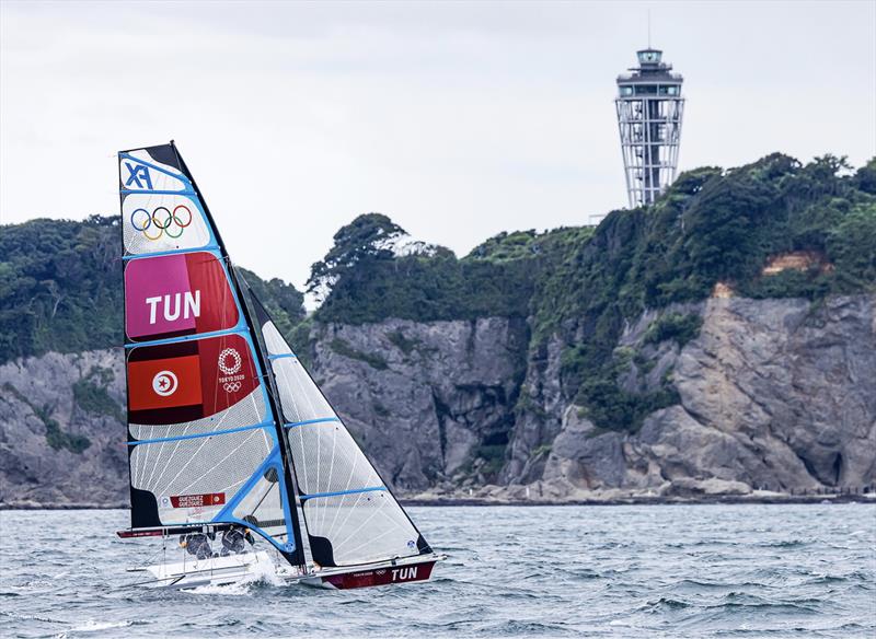 Eya and Sarra Guezguez (TUN) sail upwind on the Stadium course at Enoshima - Tokyo2020 Olympic Regatta - August 2021 photo copyright Sailing Energy taken at  and featuring the 49er FX class