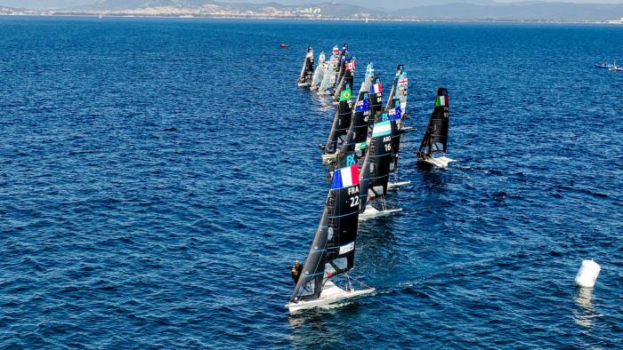 49er FX start - Day 2 - 53rd Semaine Olympique Francais, Hyeres - April 2022 photo copyright Sailing Energy / FFVOILE taken at  and featuring the 49er FX class