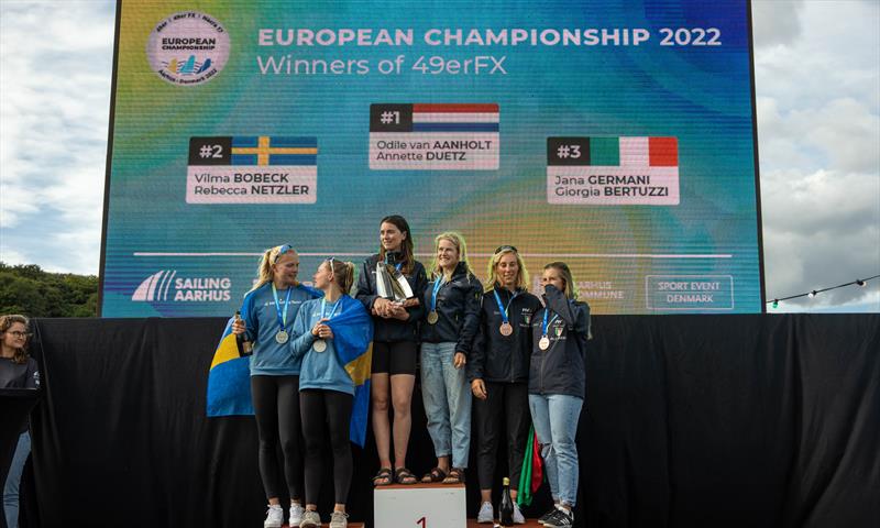 49er FX medalists - Day 6 - European Championships - Aarhus, Denmark - July 2022 photo copyright Peter Brogger taken at Sailing Aarhus and featuring the 49er FX class