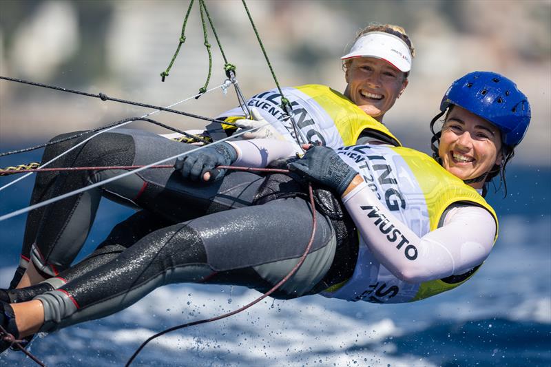 Odile van Aanholt and Annette Duetz win the Gold Medal in the 49er FX at the Paris 2024 Olympic Test Event photo copyright World Sailing taken at  and featuring the 49er FX class