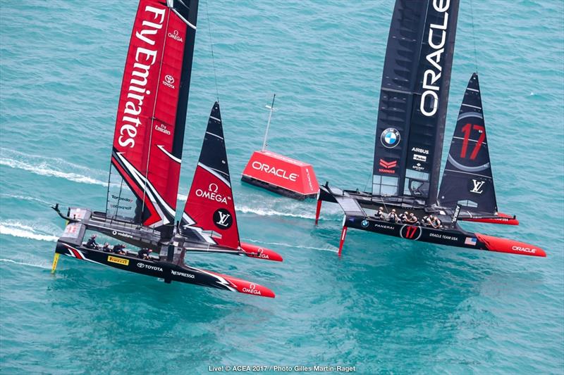 ORACLE TEAM USA beat Emirates Team New Zealand on the final day of qualifying in the 35th America's Cup photo copyright ACEA 2017 / Gilles Martin-Raget taken at  and featuring the AC50 class