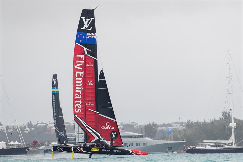 Emirates Team New Zealand vs. Artemis Racing on day one of the Louis Vuitton America's Cup Challenger Playoffs photo copyright Richard Hodder / ETNZ taken at  and featuring the AC50 class