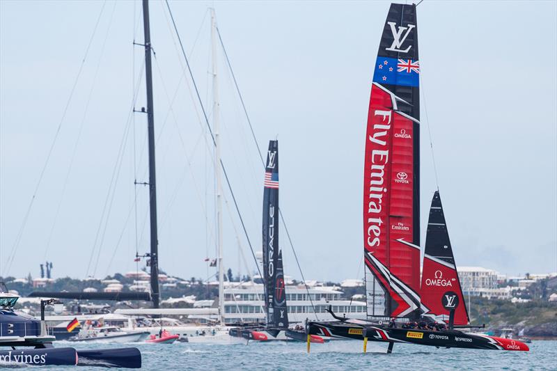 Tight racing between ORACLE TEAM USA and Emirates Team New Zealand on day 3 of the 35th America's Cup Match photo copyright Richard Hodder / ETNZ taken at  and featuring the AC50 class