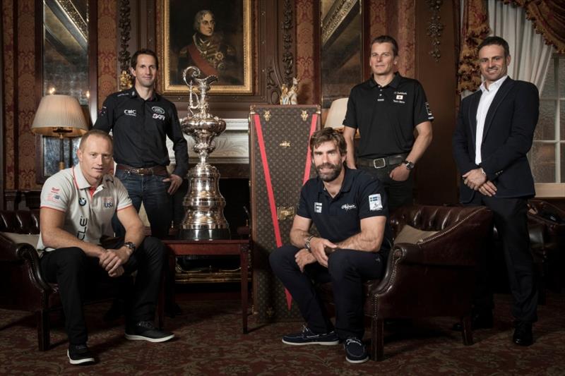 America's Cup Framework announcement, January 26, 2017. From left at rerar, Ben Ainslie (LRBAR), Dean Barker (Softbank TJ), Franck Cammas (Groupama TF), in Front: Jimmy Spithill (OTUSA), Iain Percy (Artemis) photo copyright America's Cup Events Authority taken at Golden Gate Yacht Club and featuring the AC50 class