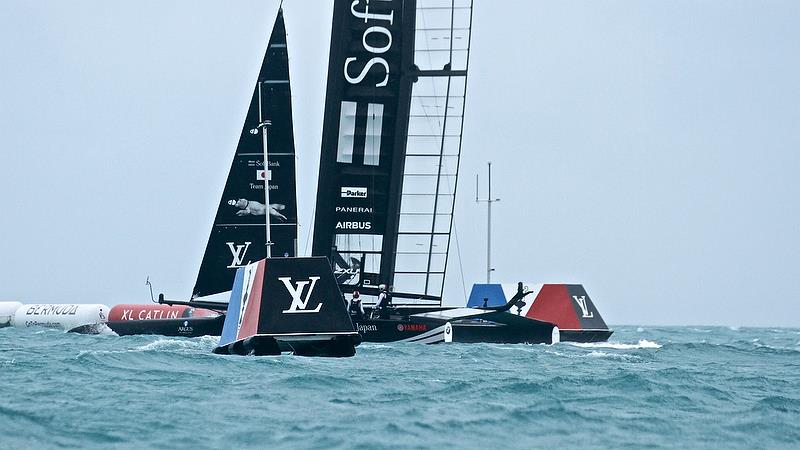 Softbank Team Japan - crosses the finish line after race 4 - and comes away with two wins for the second day of racing in the Semi-Finals , Day 11 - 35th America's Cup - Bermuda June 56, 2017 photo copyright Richard Gladwell taken at  and featuring the AC50 class