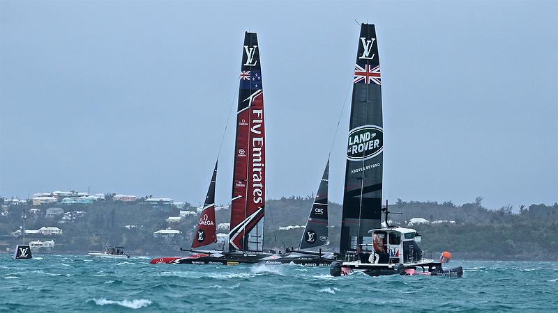 Emirates Team New Zealand - engages with Land Rover BAR - Race 4 - Semi-Finals, America's Cup Playoffs- Day 11, June 6, 2017 (ADT) photo copyright Richard Gladwell taken at  and featuring the AC50 class