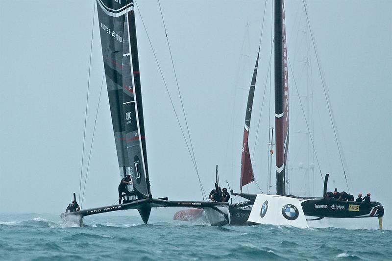 Emirates Team New Zealand trails Land Rover BAR at Mark 1 - Race 3 - Semi-Finals, America's Cup Playoffs- Day 11, June 6, 2017 (ADT) photo copyright Richard Gladwell taken at  and featuring the AC50 class