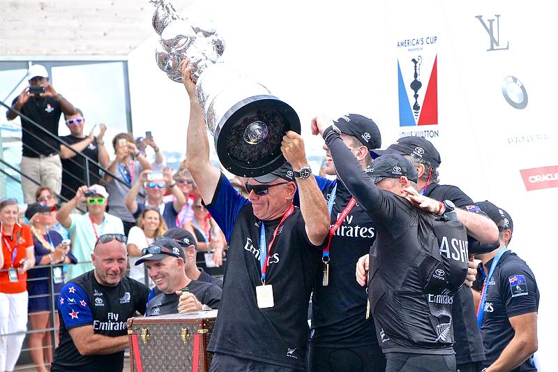 Grant Dalton holds the America's Cup for the first time photo copyright Richard Gladwell taken at  and featuring the AC50 class