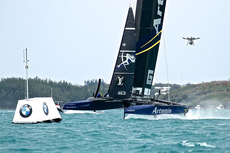 Drone over Artemis Racing - Leg 4, Race 4 - Challenger Finals, Day 15 - 35th America's Cup - Bermuda June 11, 2017 photo copyright Richard Gladwell taken at  and featuring the AC50 class