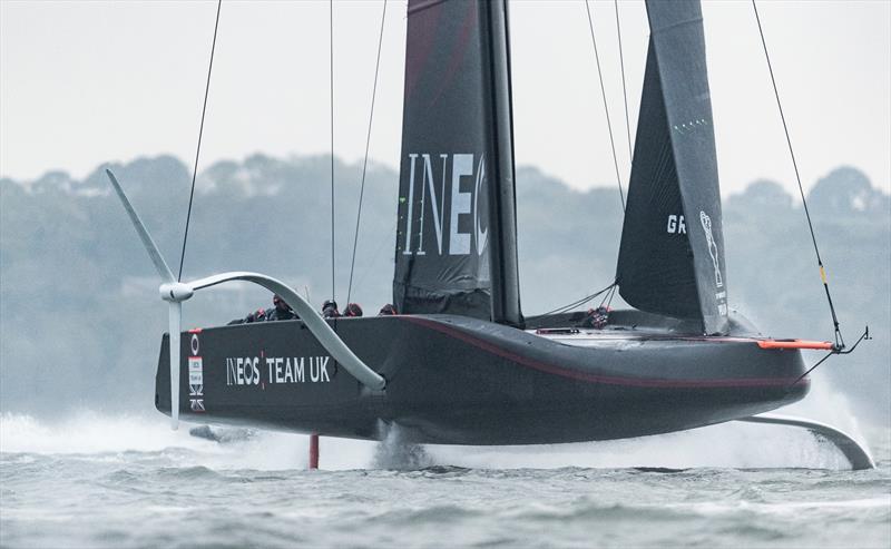 Along with the Ultimes, the pinnacle of foiling development is now with the latest AC boats, as seen here with Britannia 1, seen here burning up the Solent photo copyright Lloyd Images taken at  and featuring the AC75 class