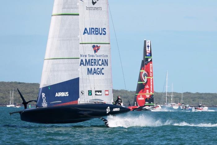 New York Yacht Club American Magic vs Emirates Team New Zealand on day 3 of PRADA ACWS Auckland photo copyright Sailing Energy / American Magic taken at  and featuring the AC75 class