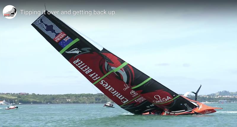 Te Aihe comes upright with what appears to be no water aboard - Emirates Team New Zealand AC75, Te Aihe, capsize - December 19, 2019 photo copyright Emirates Team New Zealand taken at Royal New Zealand Yacht Squadron and featuring the AC75 class