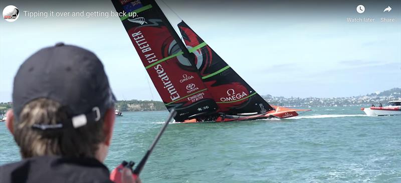 Te-Aihe responds to the tow as the line length is shortened prior to casting off - Emirates Team New Zealand AC75, Te Aihe, capsize - December 19, 2019 photo copyright Emirates Team New Zealand taken at Royal New Zealand Yacht Squadron and featuring the AC75 class