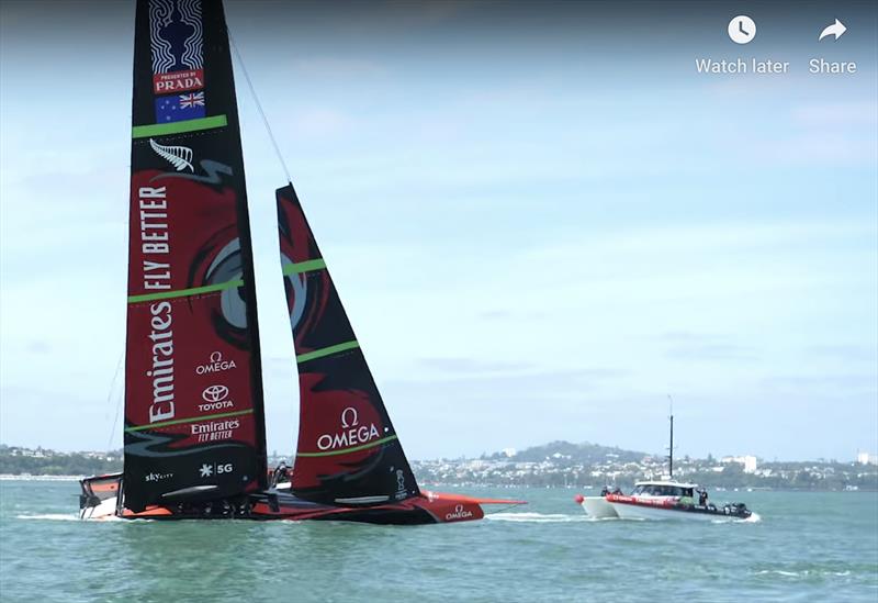 Te Aihe in a normal if slightly heeled position - Emirates Team New Zealand AC75, Te Aihe, capsize - December 19, 2019 - photo © Emirates Team New Zealand