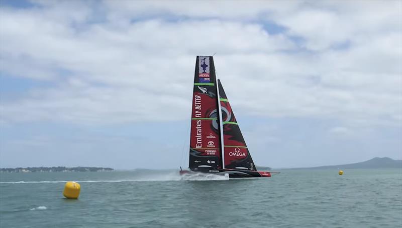Te Aihe continues her practice session in The Paddock off eastern Beach around laid marks - Emirates Team New Zealand AC75, Te Aihe, capsize - December 19, 2019 - photo © Emirates Team New Zealand