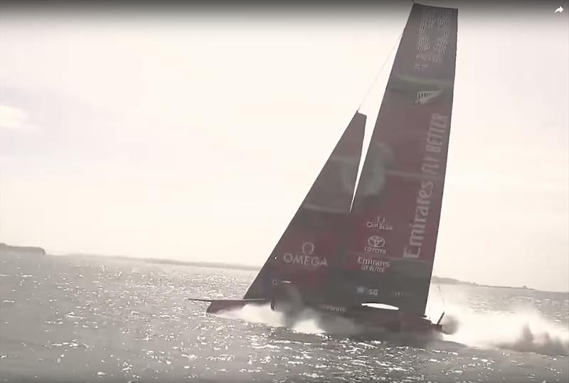 2. Te Aihe lands - after a drop of several metres at a not unusual angle of heel for an AC75, but instead of coming upright goes into a roll photo copyright Emirates Team New Zealand taken at Royal New Zealand Yacht Squadron and featuring the AC75 class