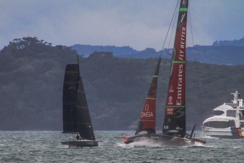 The AC75 crosses the AC9F- the Youth America's Cup class - Te Aihe - AC75 - Emirates Team New Zealand - July 15, Waitemata Harbour, Auckland, New Zealand photo copyright Richard Gladwell, Sail-World.com / nz taken at Royal New Zealand Yacht Squadron and featuring the AC75 class