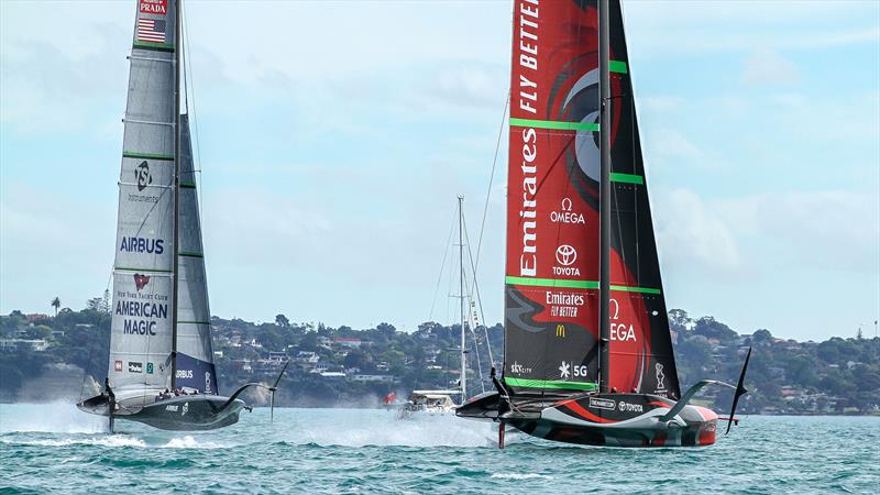 Patriot - American Magic and Te Rehutai - Emirates Team NZ - Practice Day 1 -  ACWS - December 8, 2020 - Waitemata Harbour - Auckland - 36th America's Cup photo copyright Richard Gladwell / Sail-World.com taken at Royal New Zealand Yacht Squadron and featuring the AC75 class