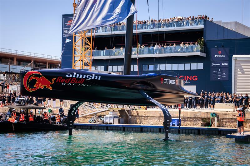 Chiara Bertarelli performed special honours at the Alinghi Red Bull Racing AC75 BoatOne Presentation at the Team Base in Barcelona, Spain on April 16, 2024 photo copyright Samo Vidic, Alinghi Red Bull Racing taken at Société Nautique de Genève and featuring the AC75 class