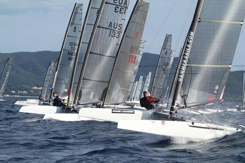 The Gold fleet start on day 3 of the A Class Cat Worlds at Punta Ala photo copyright Gordon Upton taken at  and featuring the A Class Catamaran class