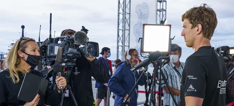 Olympic sailing champion and America's Cup broadcaster Shirley Robertson (left, with mask) interviews Team NZ skipper Peter Burling after day one of the Cup match photo copyright ACE | Studio Borlenghi taken at Royal New Zealand Yacht Squadron and featuring the ACC class