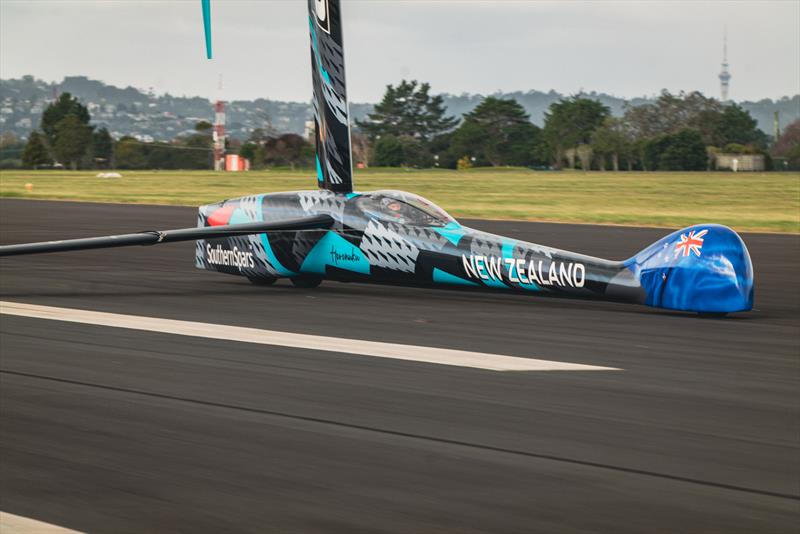 Emirates Team New Zealand's wind powered land speed craft `Horonuku` on a speed run during testing at RNZAF base Whenuapai photo copyright Hamish Hooper / Emirates Team New Zealand taken at Royal New Zealand Yacht Squadron and featuring the ACC class