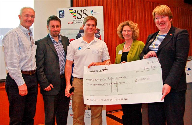 (l to r) Alistair Murray (Ronstan), Tony Bishop (Bart's Bash), Richard Percy (ASSF), Alice Driscoll (ADPR), Fiona Pankhurst (President of BMF). (Cheque reads £2,500, a further £3,000 was raised following a gala dinner taking total to £5,500) photo copyright British Marine Federation taken at  and featuring the  class