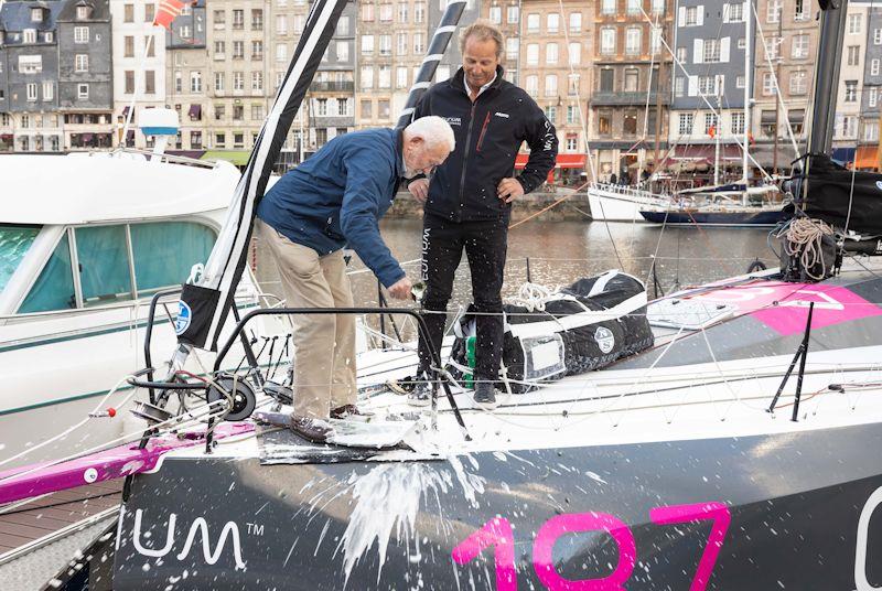 Sir Robin Knox-Johnston baptises Marc Lepesqueux's new yacht Curium Life Forward photo copyright Mark Mercer taken at  and featuring the Class 40 class
