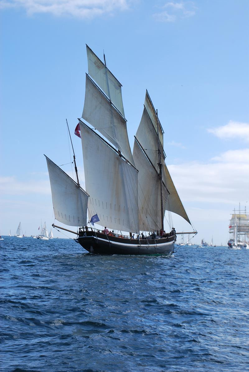 A parade of sails featuring The Grayhound - Charlestown Classic Sail Festival photo copyright Becky Treneer taken at  and featuring the Classic Yachts class