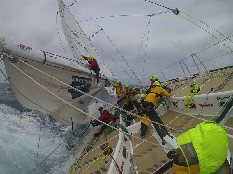 Reefing the mainsail in rough conditions in the Clipper Round the World Yacht Race photo copyright Clipper Race taken at  and featuring the Clipper 70 class
