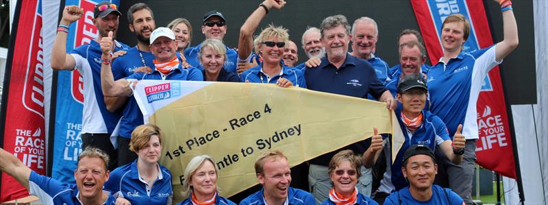 Team Sanya Serenity Coast, led by skipper Wendy `Wendo` Tuck (AUS; center, with shades), celebrate winning the Jane Tate Memorial Trophy for the first female-skippered boat to cross the finishing line in the 2017 Sydney Hobart Race photo copyright Clipper Round The World Yacht Race taken at  and featuring the Clipper 70 class