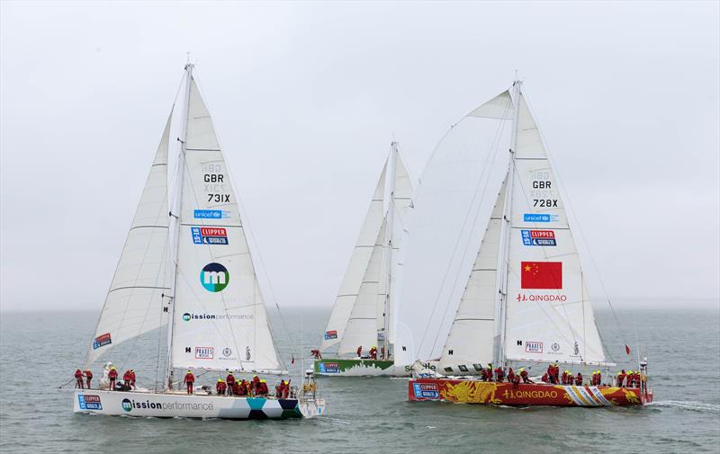 Mission Performance (left) and Qingdao (right) during the start of the Clipper Round the World Yacht Race 2015-16 at Southend Pier photo copyright John Walton / PA Wire taken at  and featuring the Clipper Ventures class