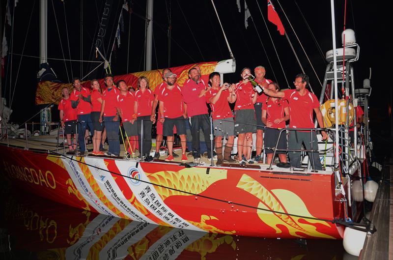 Champagne celebration as Qingdao finish second in Race 1 of the Clipper 2015-16 Round the World Yacht Race photo copyright Clipper Ventures taken at  and featuring the Clipper Ventures class