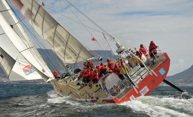 Qingdao first over the Start Line in Clipper Race 3 start in Cape Town - photo © Bruce Sutherland
